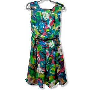 Danny & Nicole Vintage Green Floral Colorful Belted Chiffon Dress Size 4